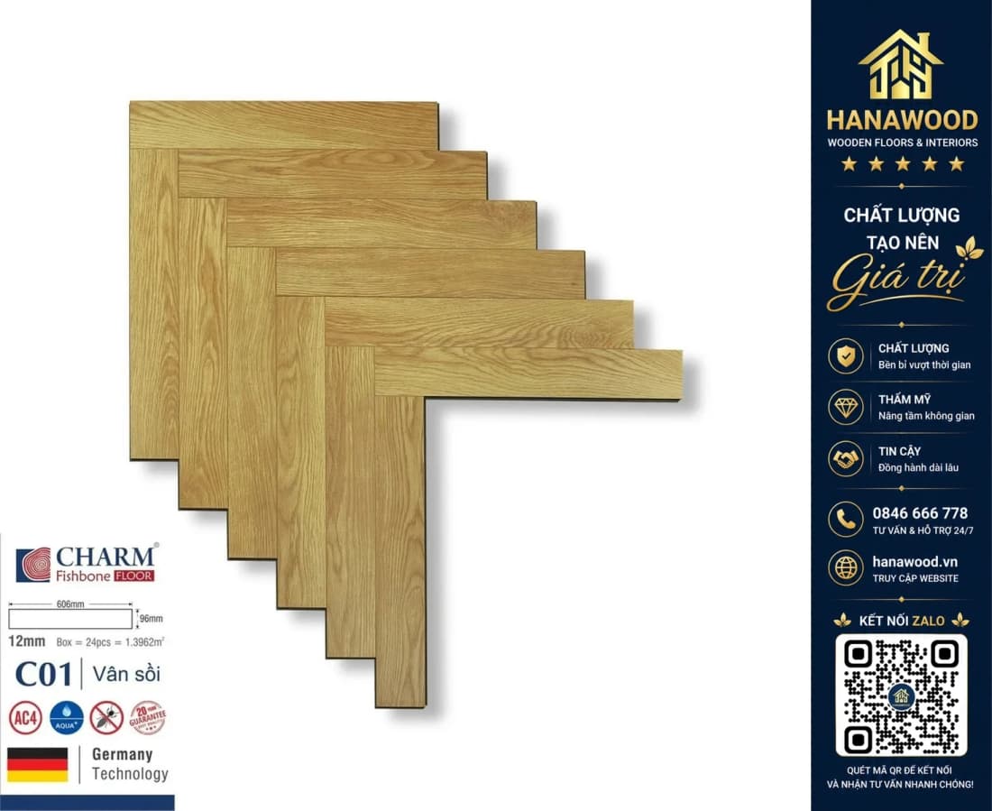 Sàn Gỗ Xương Cá Charmwood C01 Dày 12mm