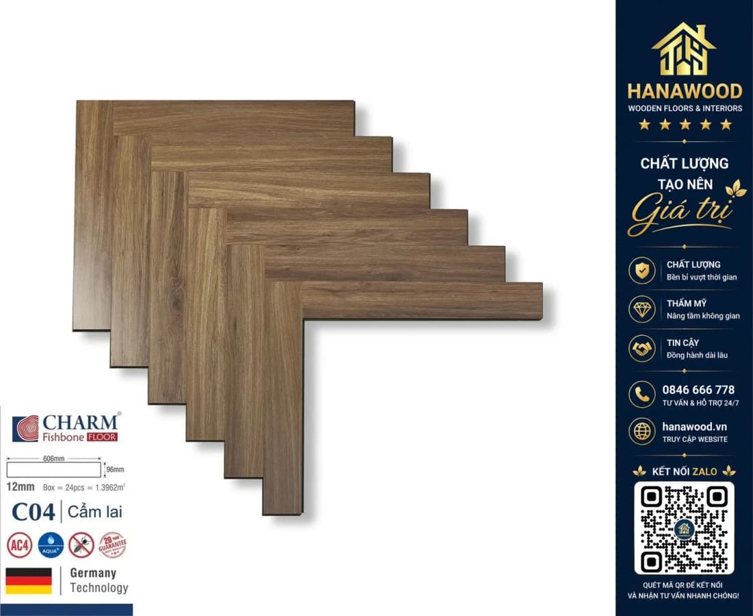 Sàn Gỗ Công Nghiệp Xương Cá Charmwood 12mm C04
