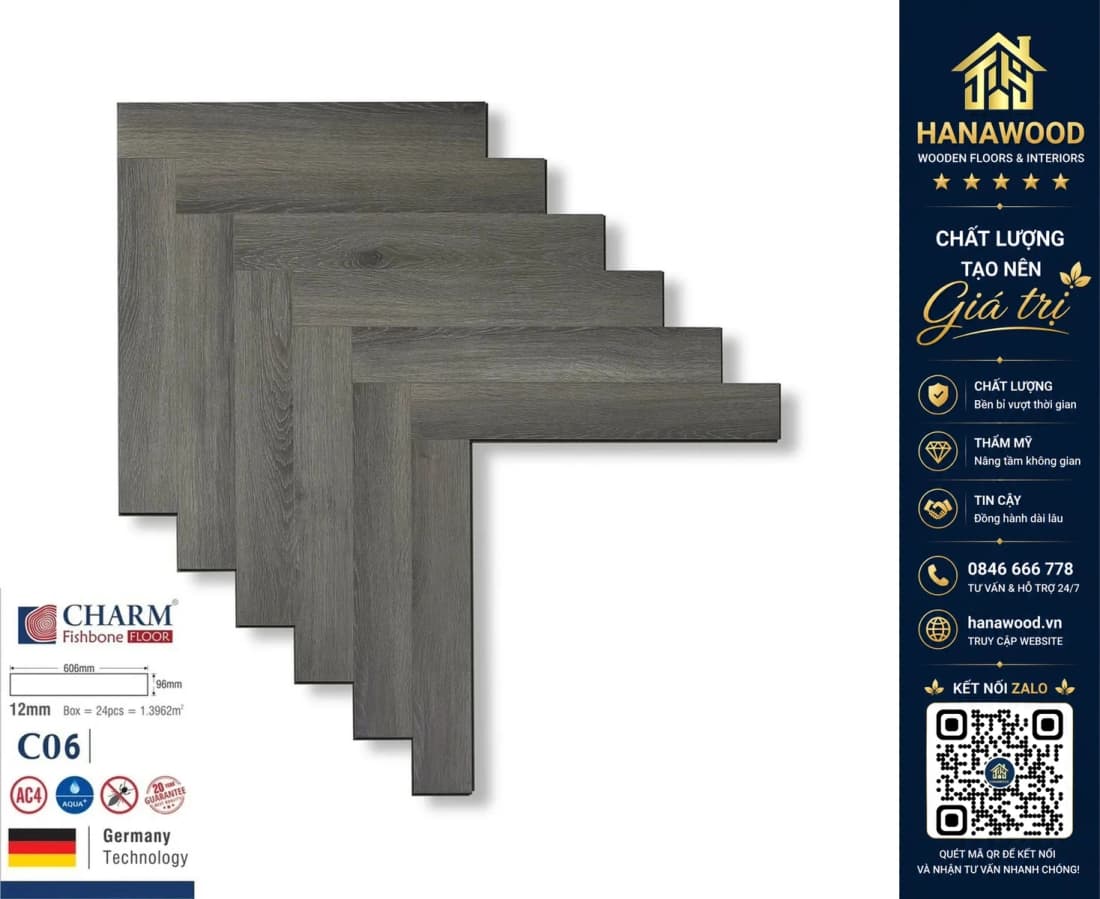 Sàn Gỗ Công Nghiệp Xương Cá Charmwood C06 12mm