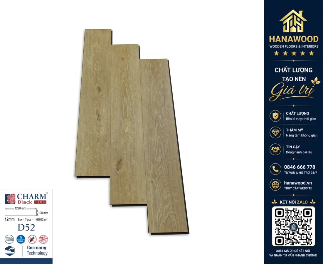 Sàn Gỗ Công Nghiệp Charmwood D52 Dày 12mm