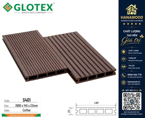 Sàn Gỗ Nhựa Ngoài Trời Glotex S401 Coffee