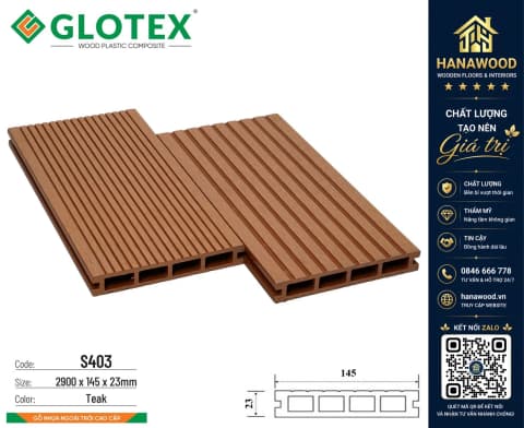 Sàn Sân Thượng Gỗ Nhựa Ngoài Trời Glotex S403 Teak