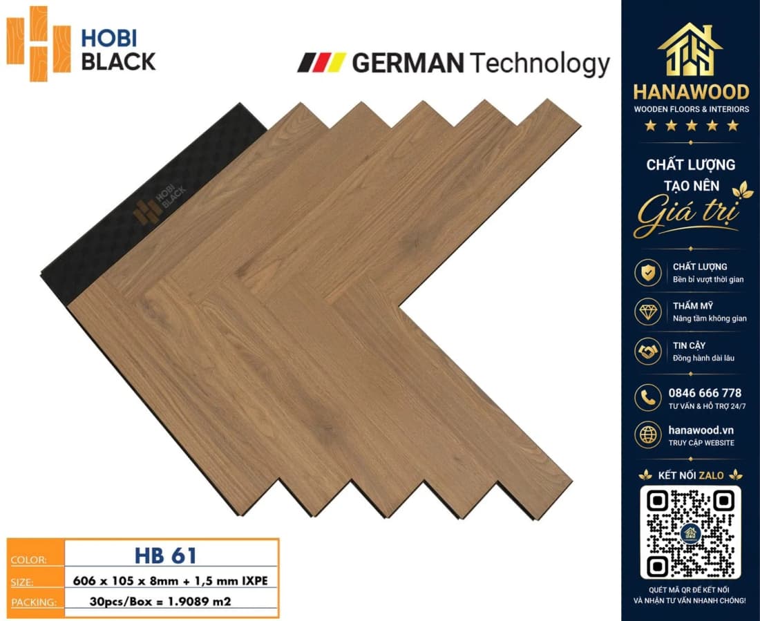 Sàn Gỗ Công Nghiệp Hobi Black Xương Cá Cốt Đen HB 61