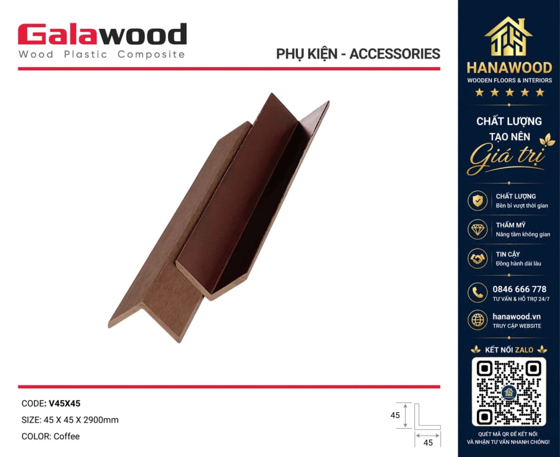 Nẹp Chữ V Gỗ Nhựa Ngoài Trời Galawood V45X45 Coffee