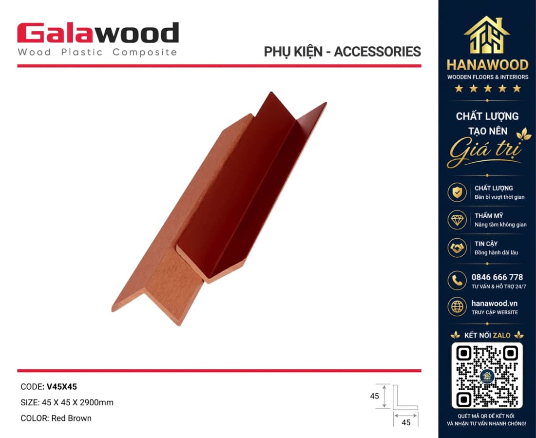 Nẹp Góc V Sàn Gỗ Nhựa Ngoài Trời Galawood V45X45 Red Brown