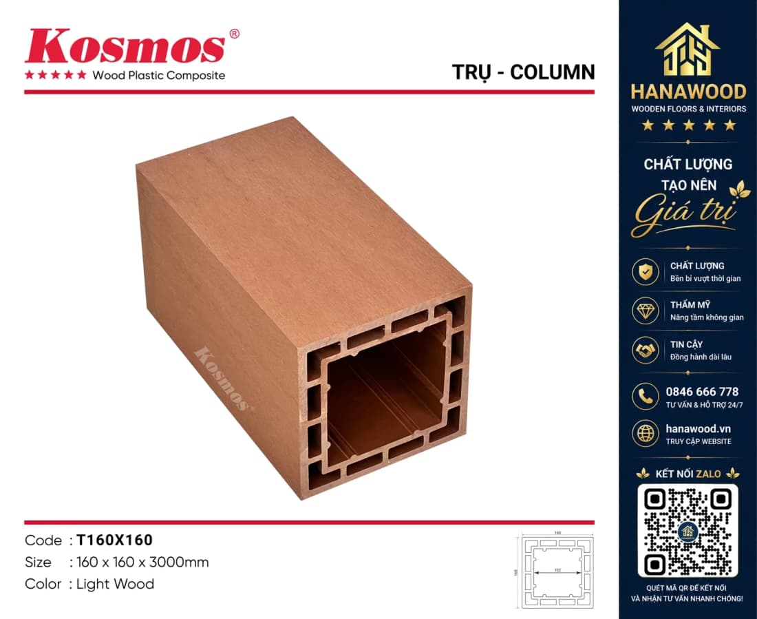 Lam Trụ Pergola Gỗ Nhựa Ngoài Trời Kosmos T160x160 Light Wood