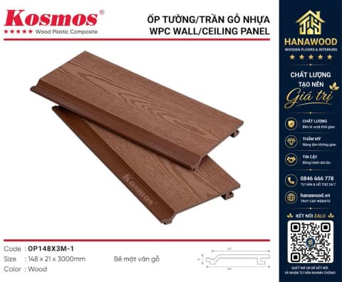 Ốp Trần Gỗ Nhựa Ngoài Trời Kosmos OP148X3M-1 Wood Dài 3m