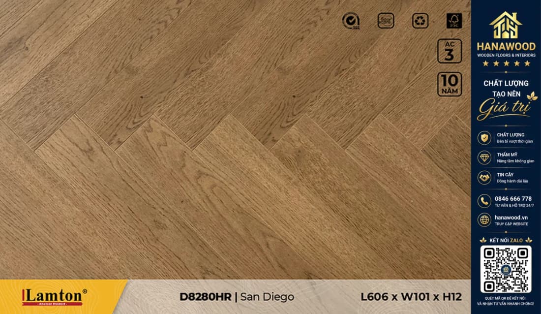 Sàn Gỗ Công Nghiệp Lamton Xương Cá D8280HR 12mm