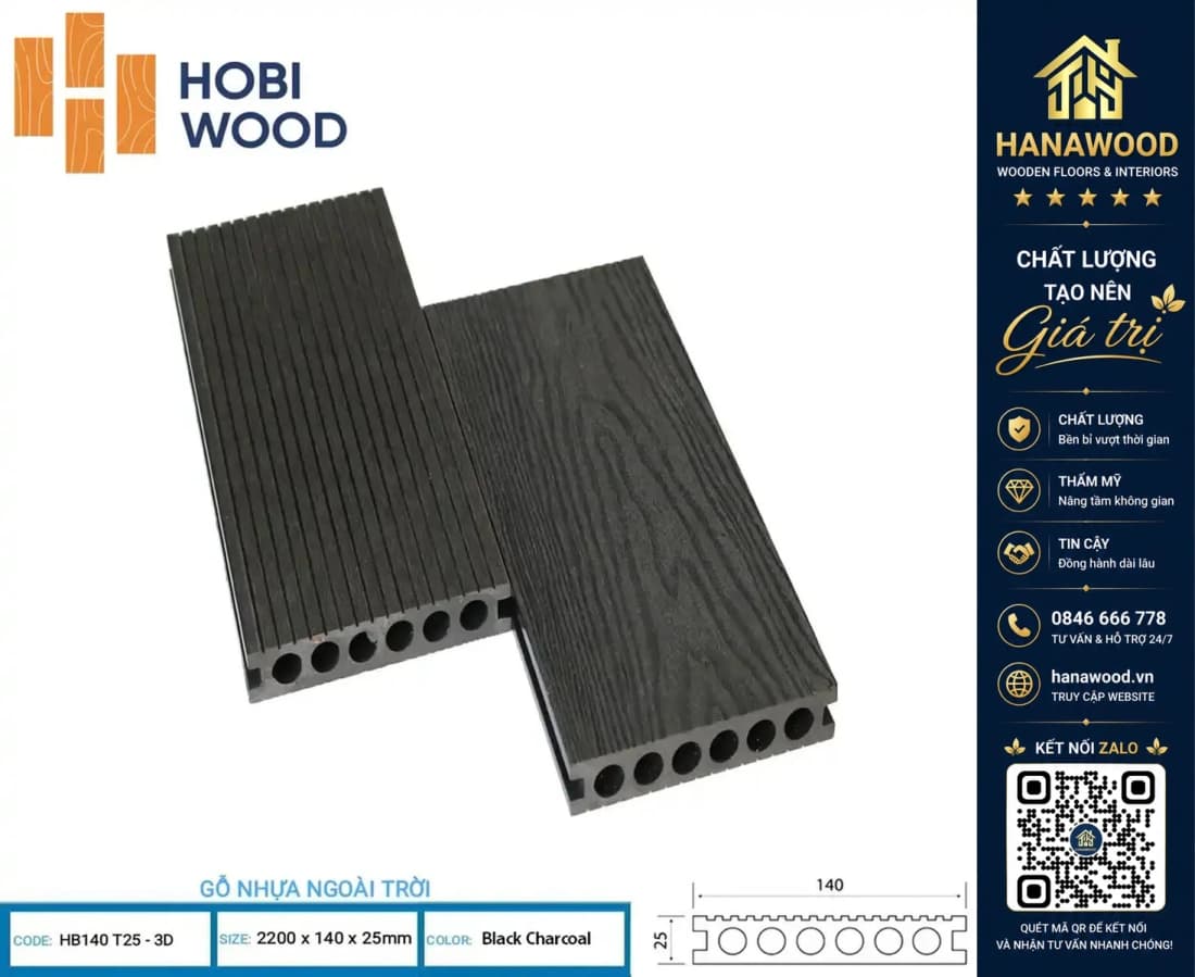 Sàn Gỗ Nhựa Ngoài Trời Hobi Wood Lỗ Tròn HB 140 T25-3D Black Charcoa