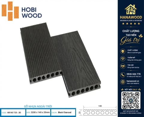Sàn Gỗ Nhựa Ngoài Trời Hobi Wood Lỗ Tròn HB 140 T25-3D Black Charcoa
