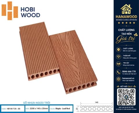 Sàn Gỗ Nhựa Ngoài Trời Hobi Wood Lỗ Tròn HB 140 T25-3D Maple-Leaf -Red