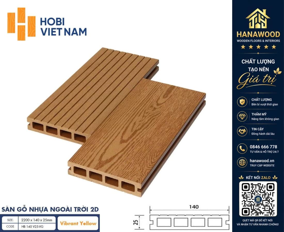 Sàn Gỗ Nhựa Ngoài Trời Hobi Wood Lỗ Vuông HB 140 V25-VG Vibrant Yellow