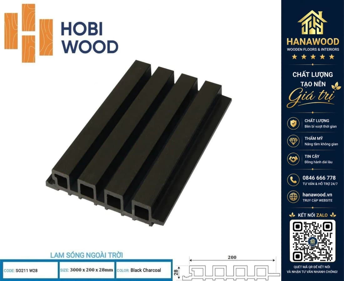 Lam Sóng Gỗ Nhựa Ngoài Trời Hobi Wood SO211W28 Black Charcoal 2.2m