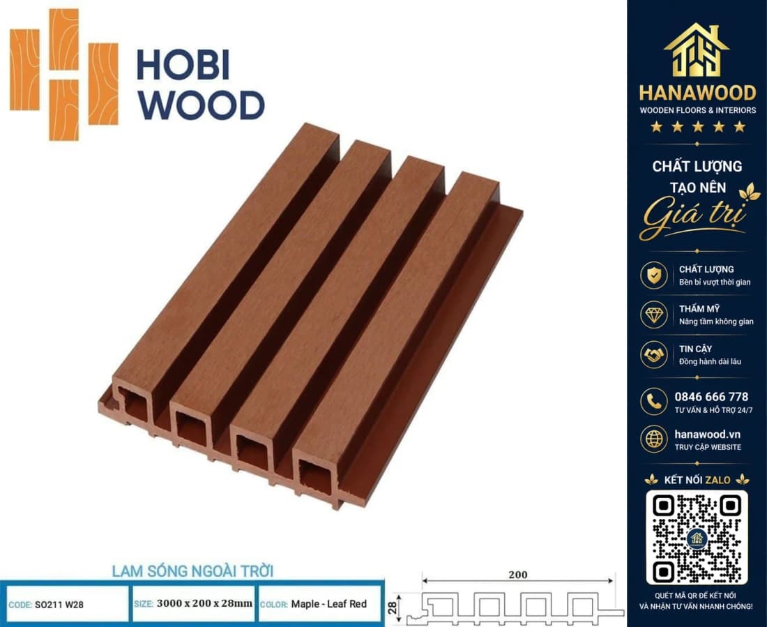 Lam Sóng Gỗ Nhựa Ngoài Trời Hobi Wood SO211W28 Maple Leaf Red 2.2m