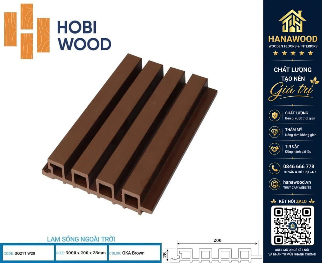 Lam Sóng Gỗ Nhựa Ngoài Trời Hobi Wood SO211W28 Oka Brown 2.2m