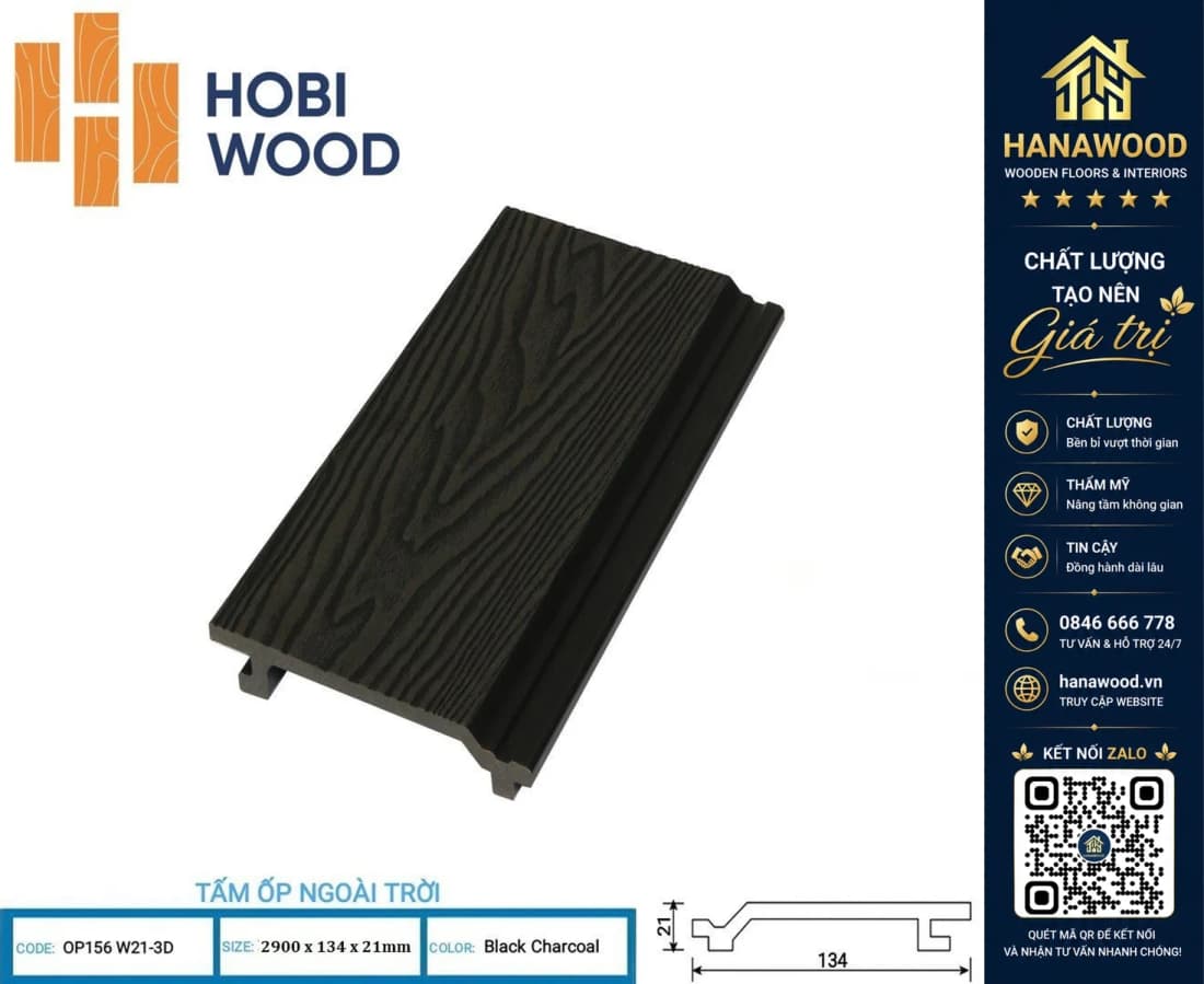 Tấm Ốp Gỗ Nhựa Ngoài Trời Hobi Wood OP156W30 Black Charcoa