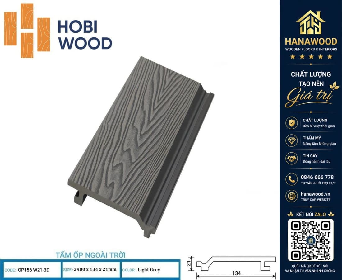 Ốp Trần Gỗ Nhựa Ngoài Trời Hobiwood OP3D 156W21 Light Grey