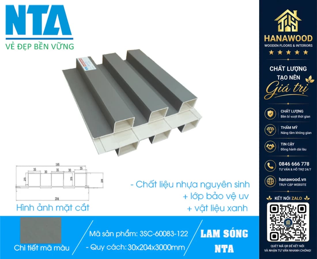 Tấm Ốp Lam 3 Sóng Cao Nhựa Màu Xám Trơn NTA 3SC-60083
