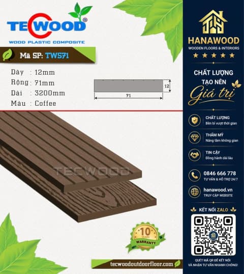 Thanh Lam Che Nắng Gỗ Nhựa Ngoài Trời TecWood TWS71 Coffee