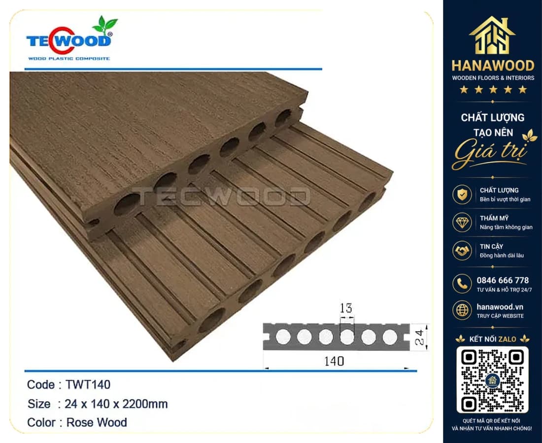 Sàn Hồ Bơi Ngoài Trời 6 Lỗ Tròn Tecwood TWT140 Rose Wood