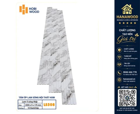Hình ảnh Tấm Lam Sóng Ốp Trần Hobiwood LS508 Vân Đá Trắng Xám