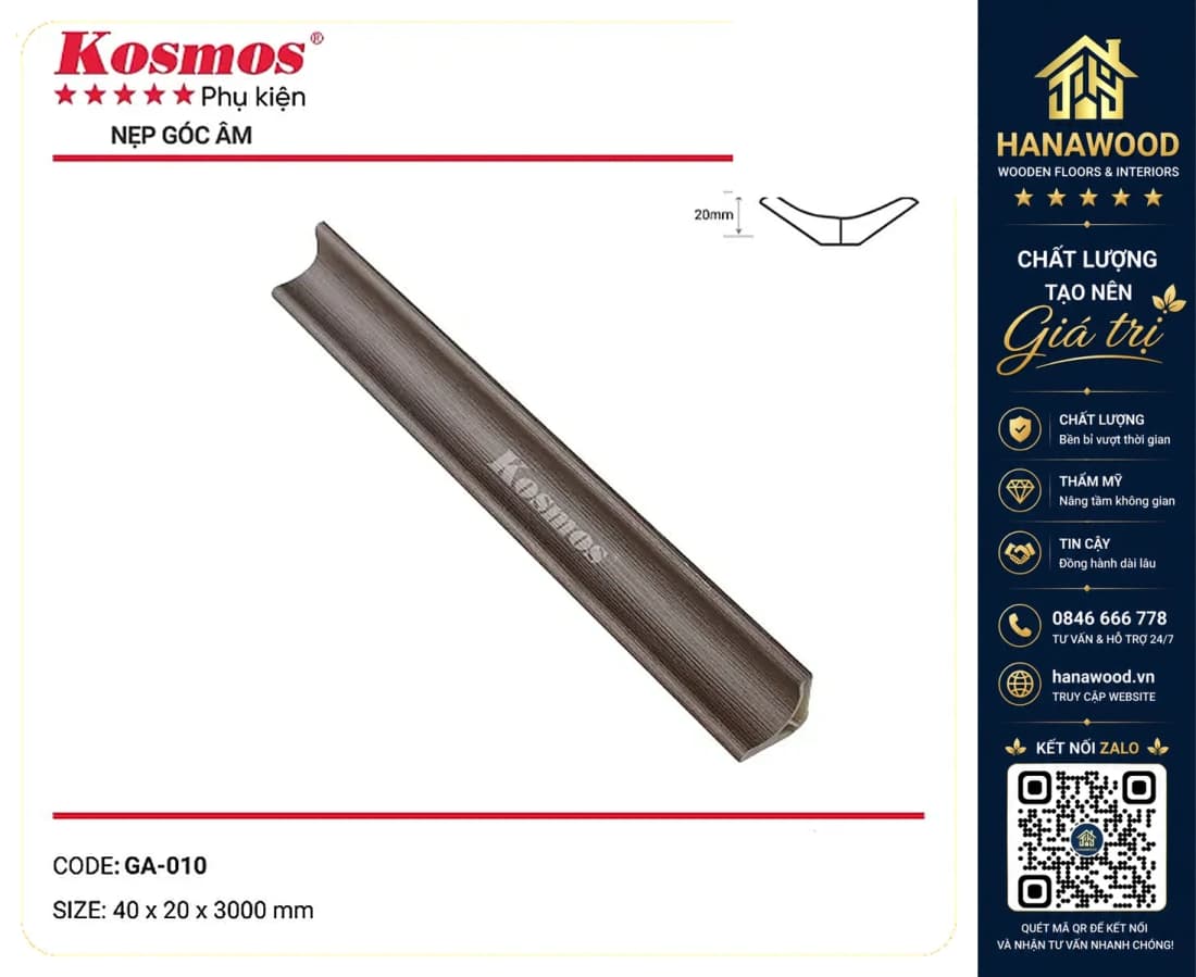 Phào góc âm nhựa giả gỗ Giả Gỗ 40 x 20 x 3000 mm
