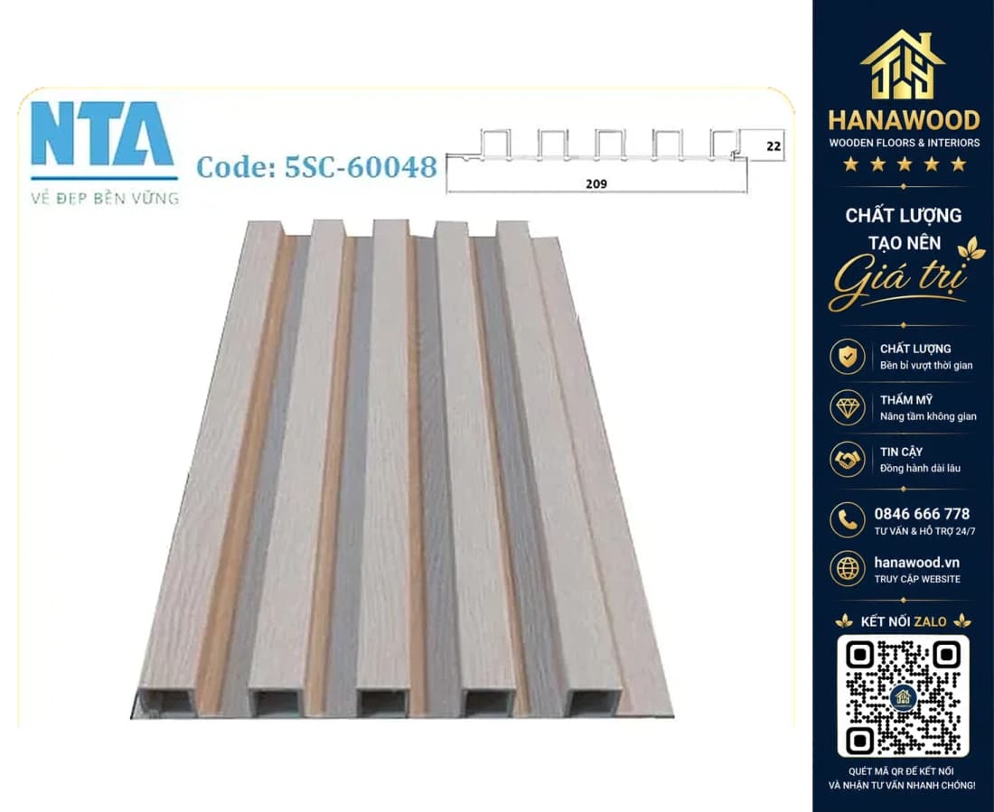 Tấm Ốp Lam 5 Sóng Cao Nhựa Giả Gỗ NTA 5SC-60048
