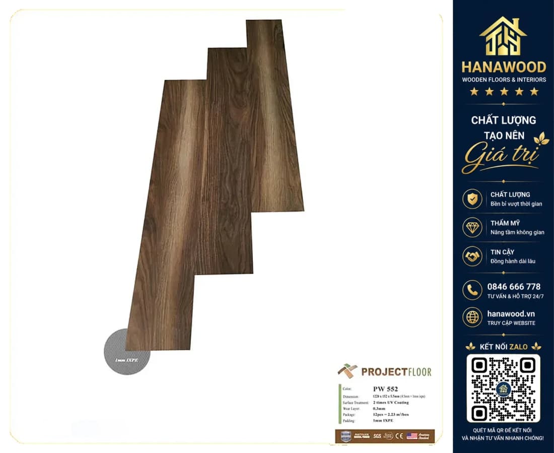 Sàn Nhựa Hèm Khóa Giả Vân Gỗ Project Floor PW552 5.5mm