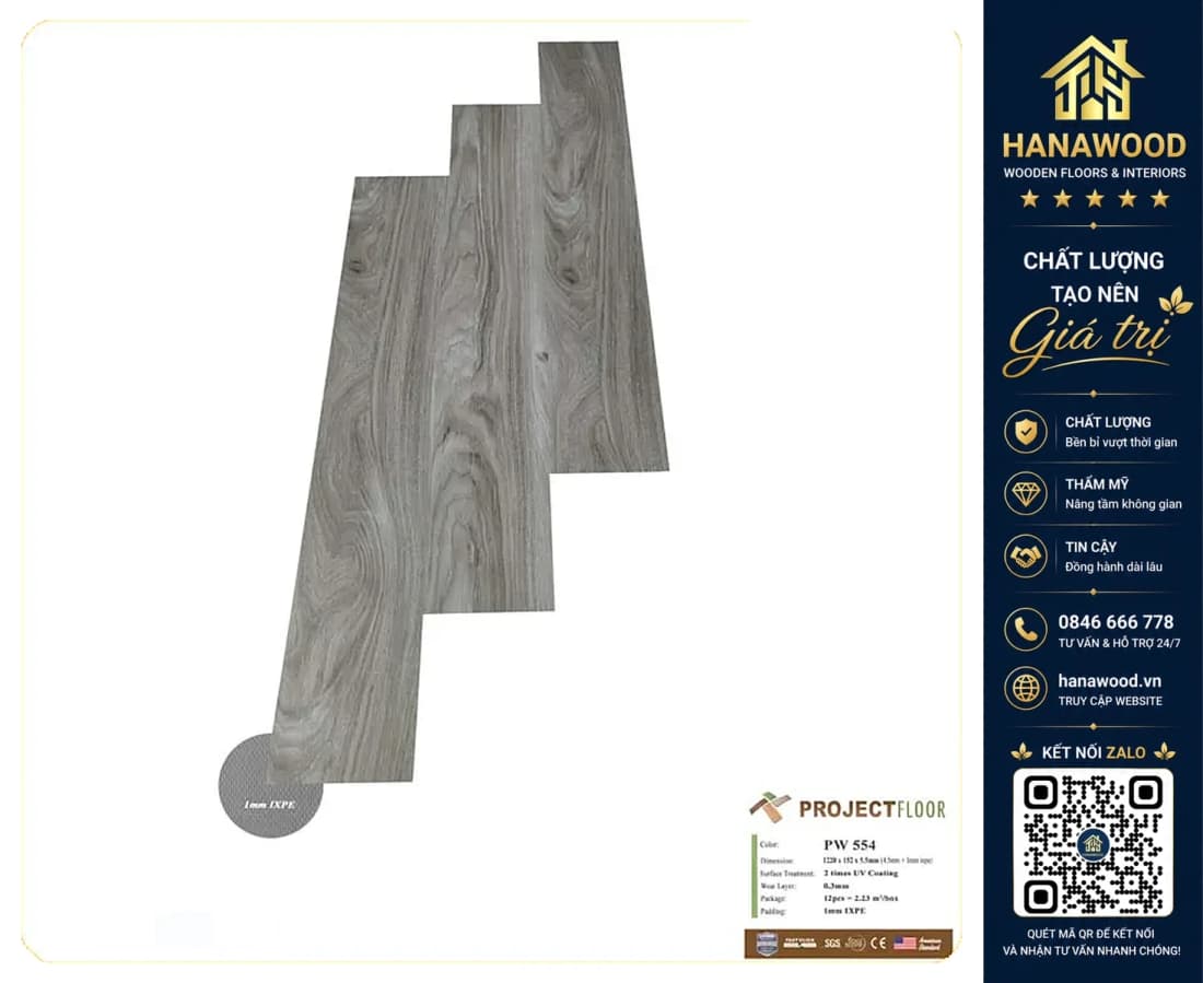 Sàn Nhựa Hèm Khóa Vân Gỗ Project Floor PW554 5.5mm