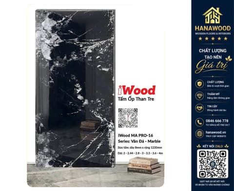 Hình ảnh Tấm Ốp Than Tre iWood 8mm MA PRO-16 Vân Đá Đen Trắng