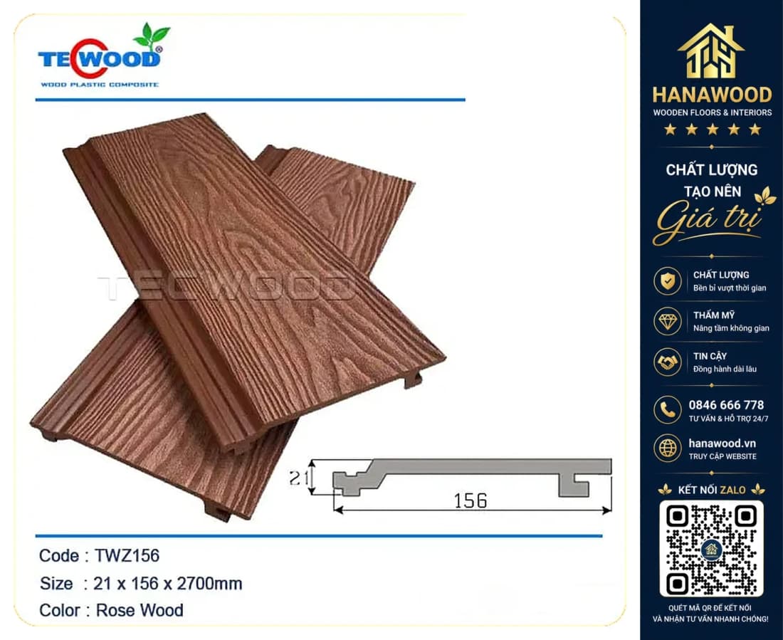 Ốp Tường Trần Gỗ Nhựa Ngoài Trời TecWood TWZ156 Rosewood
