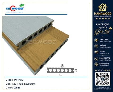 Sàn Gỗ Nhựa Ngoài Trời 6 Lỗ Tròn Tecwood TWT138 White