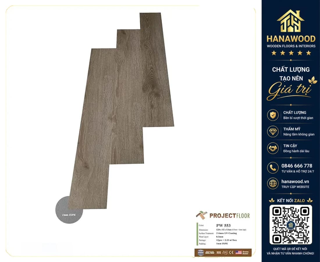 Sàn Nhựa Giả Gỗ Vinyl Hèm Khóa Project Floor PW553 5.5mm