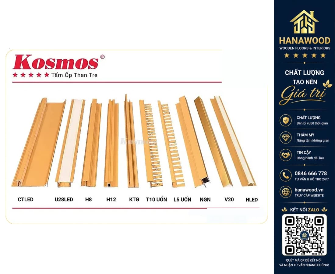 Hình ảnh Phụ Kiện Nẹp Nhôm Tấm Ốp Than Tre Kosmos Màu Vàng 8mm