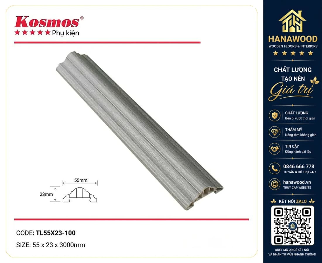 Phào chỉ lưng tường nhựa giả gỗ Kosmos Giả Gỗ 55 x 23 x 3000 mm