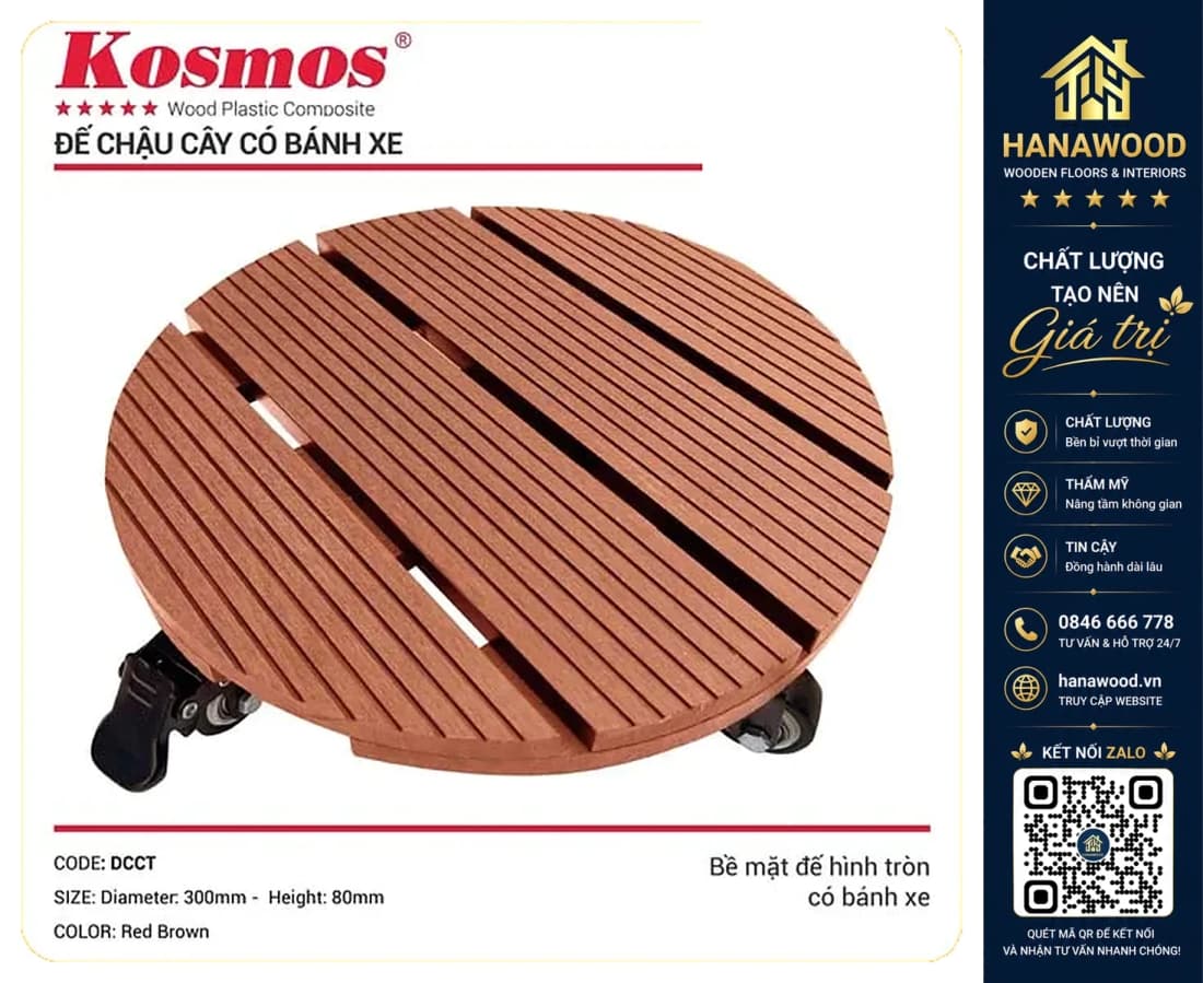 Đế Lót Chậu Cây Có Bánh Xe Gỗ Nhựa Ngoài Trời Kosmos Tròn Red Brown