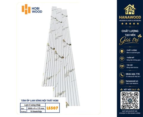 Hình ảnh Tấm Ốp Lam Sóng Hobiwood LS507 Vân Đá Trắng Vàng Gold