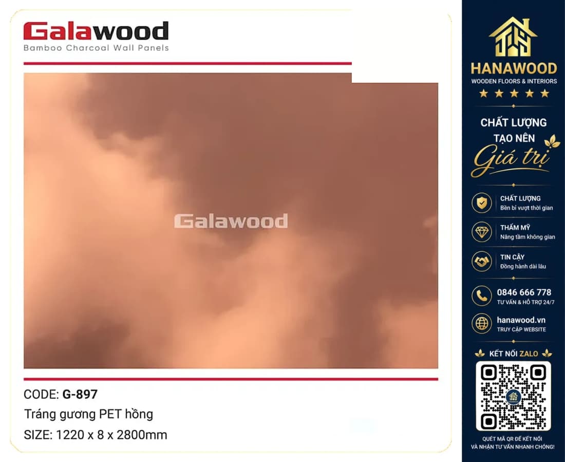 Tấm Ốp Tường Than Tre Tráng Gương PET Hồng Galawood G-897