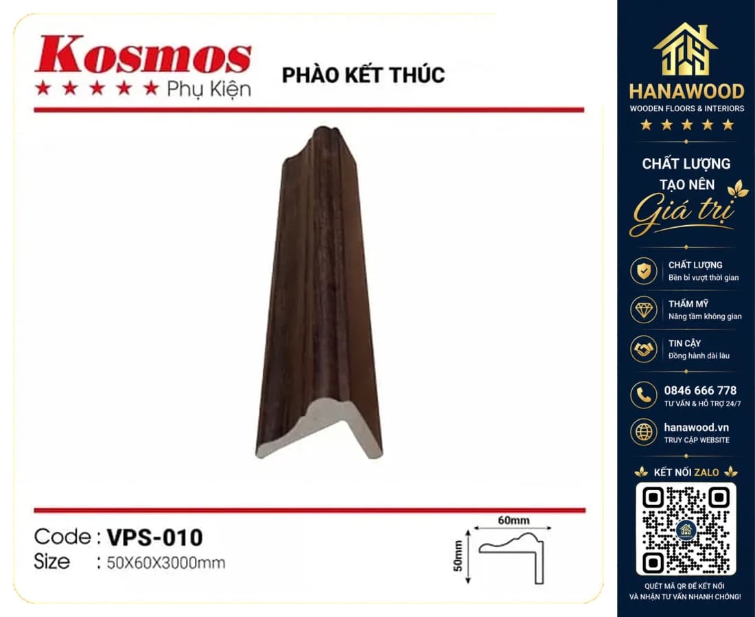 Phào kết thúc trang trí nhựa giả gỗ Kosmos mã VPS-010 (Lam Sóng Nano) 30 x 60 x 3000mm
