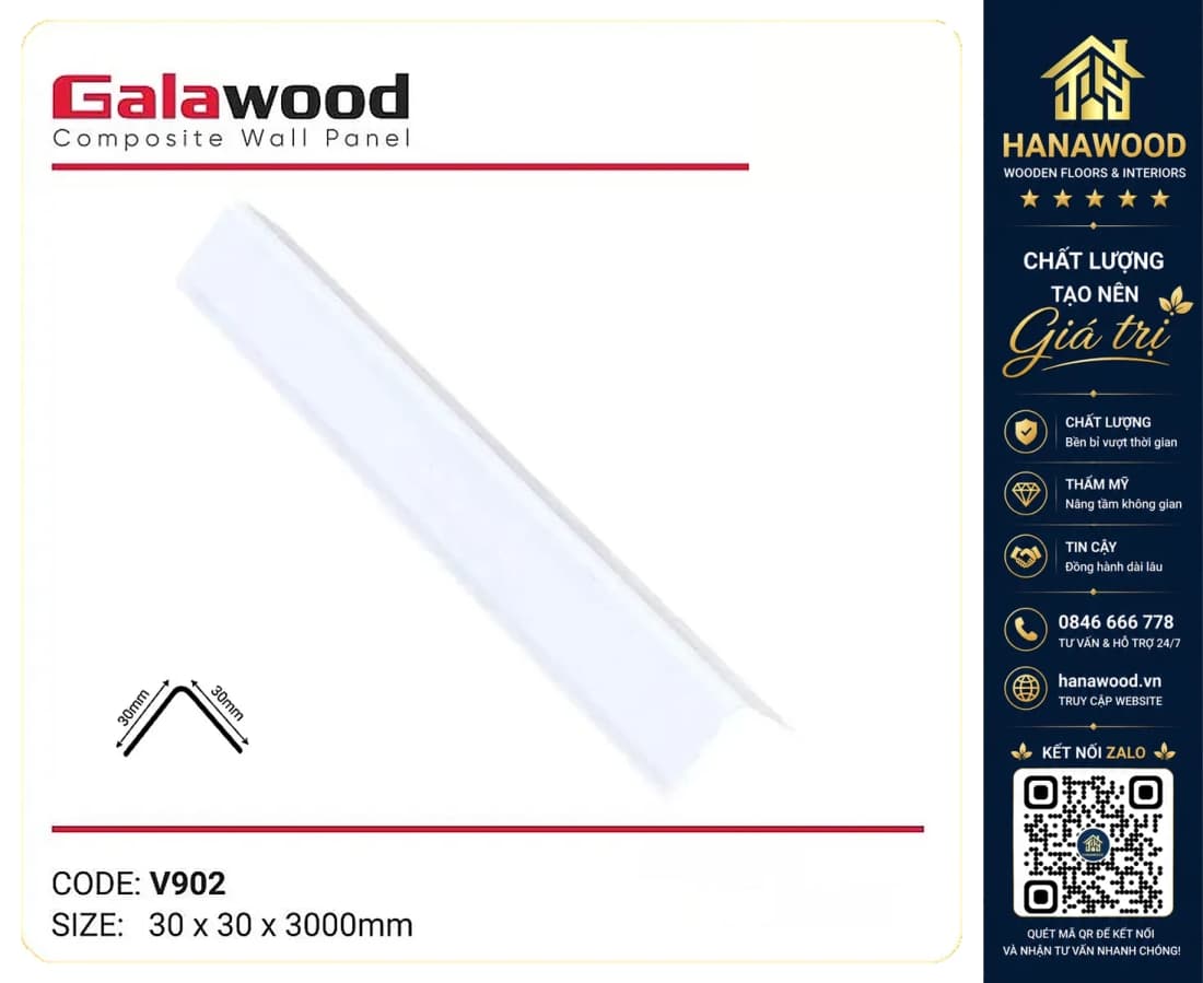 Nẹp Góc V nhựa giả gỗ Galawood Trắng Trơn 25 x 25 x 3000mm