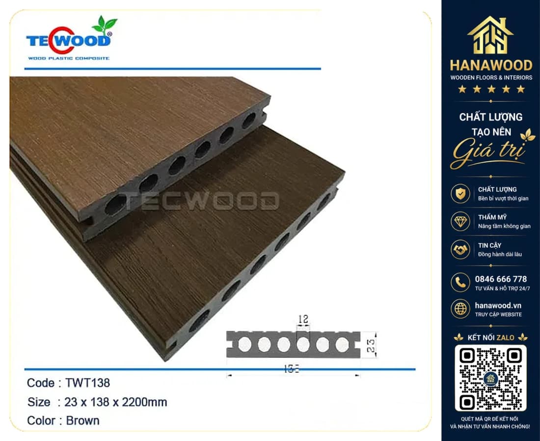 Sàn Gỗ Nhựa Ngoài Trời 6 Lỗ Tròn Tecwood TWT138 Brown