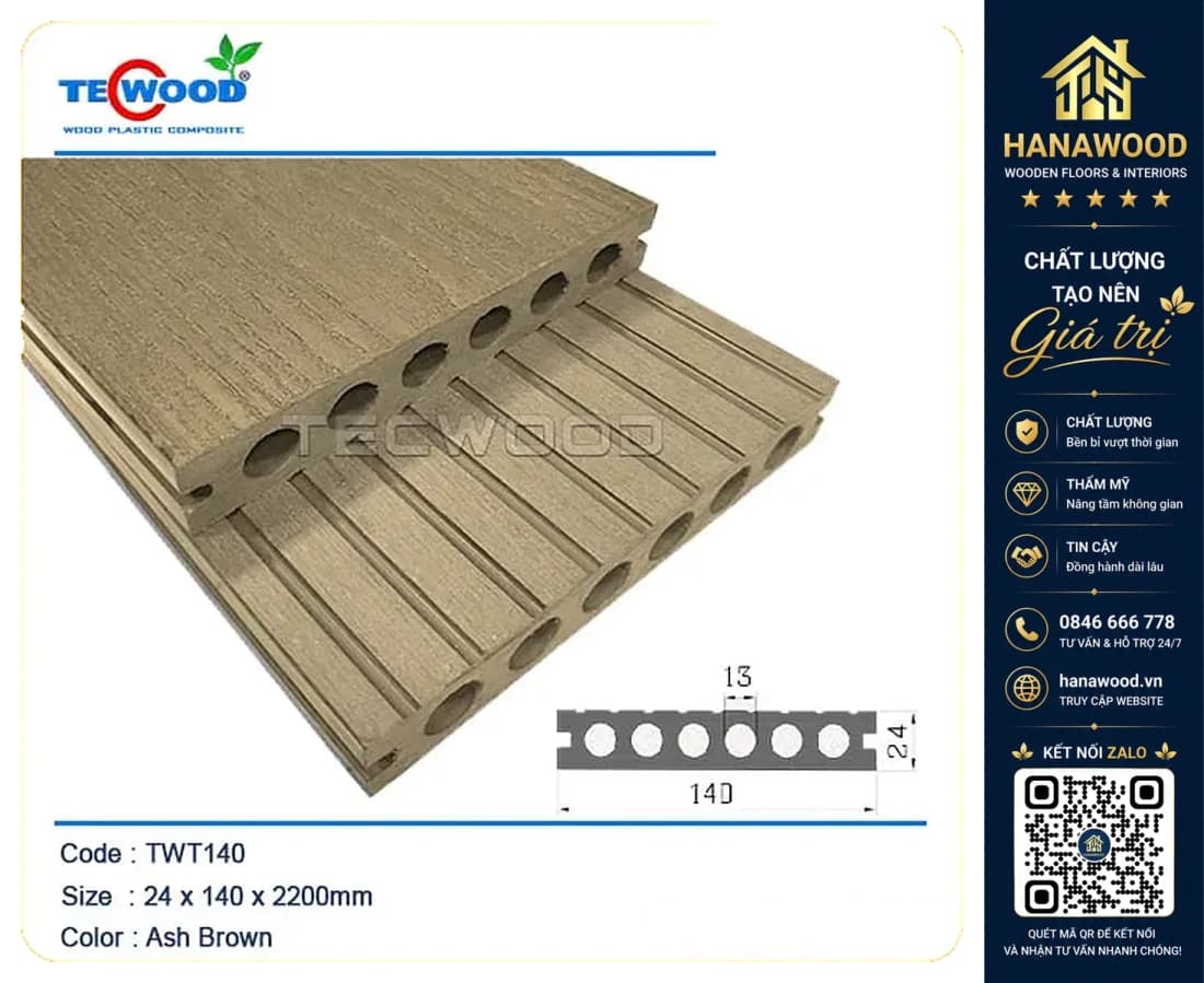 Sàn Hồ Bơi Ngoài Trời 6 Lỗ Tròn Tecwood TWT140 Ash Brown