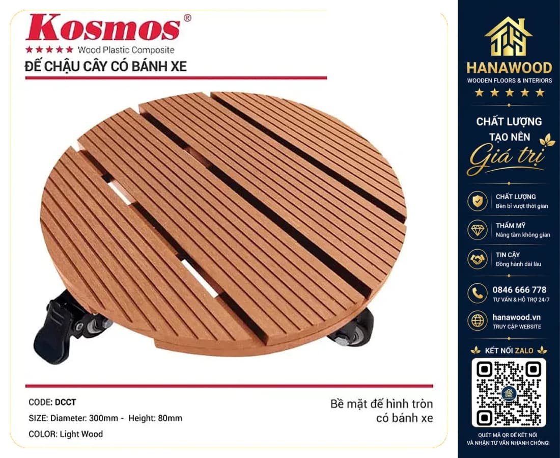 Đế Lót Chậu Cây Có Bánh Xe Gỗ Nhựa Ngoài Trời Kosmos Tròn Light Wood