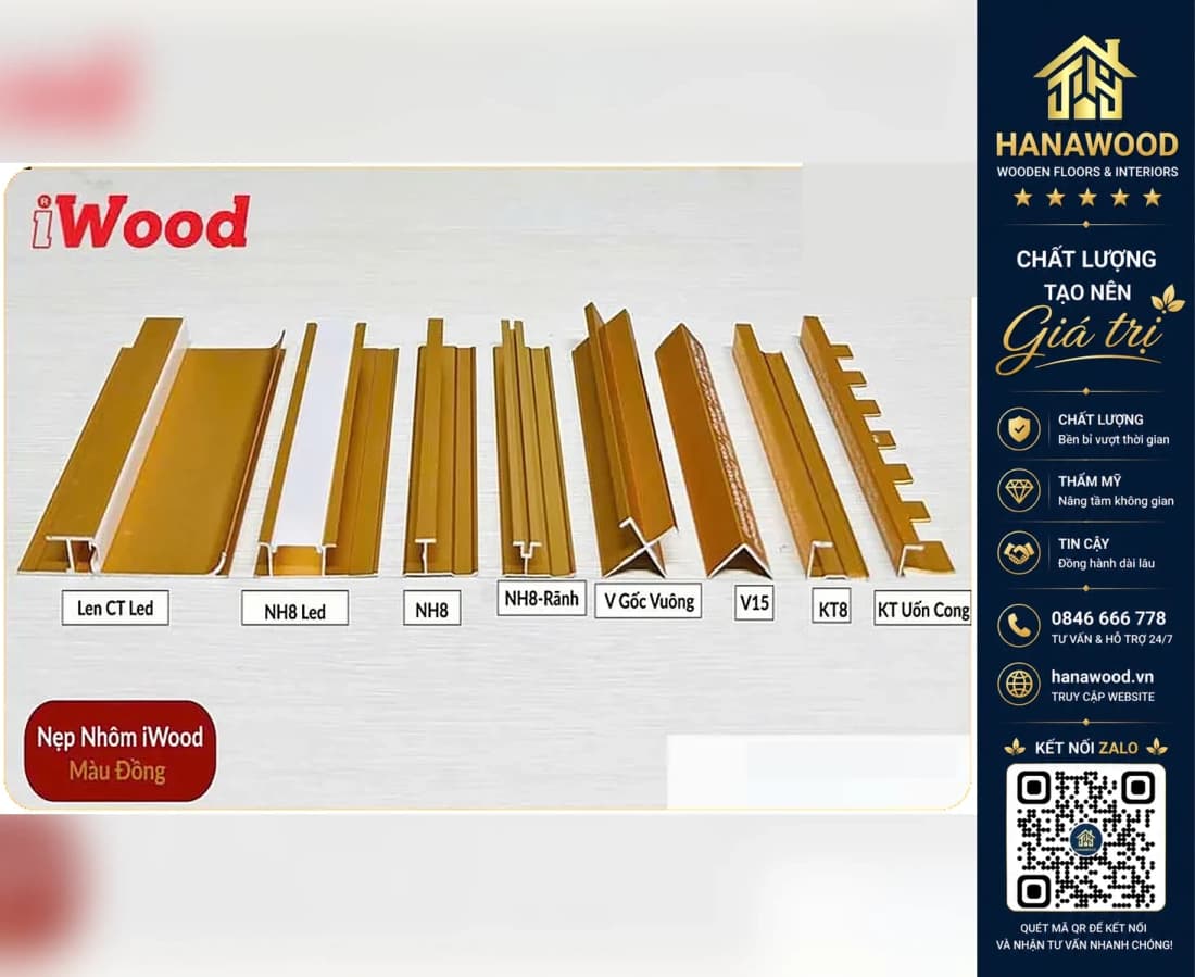 Hình ảnh Phụ Kiện Nẹp Nhôm Ốp Tấm Than Tre iWood Màu Vàng Đồng