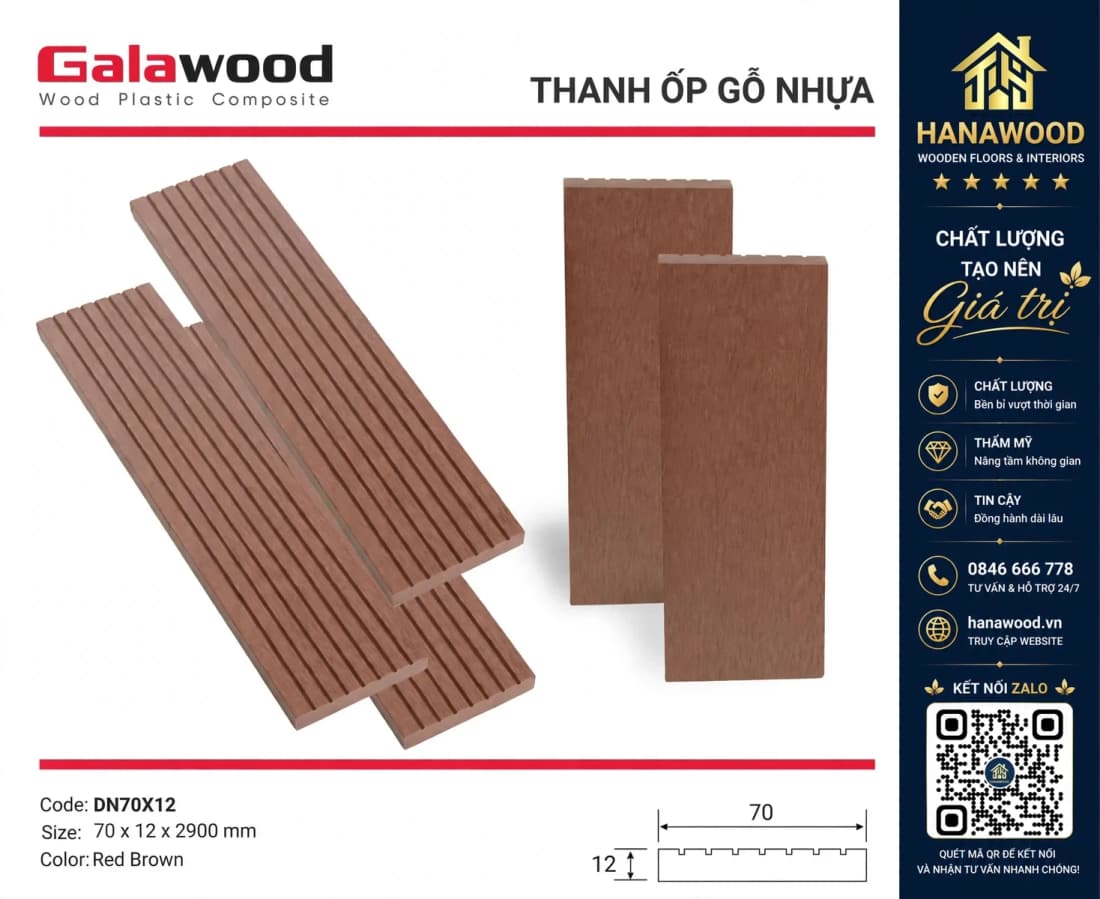 Thanh Đa Năng Gỗ Nhựa Ngoài Trời Galawood DN70X12 Red Brown