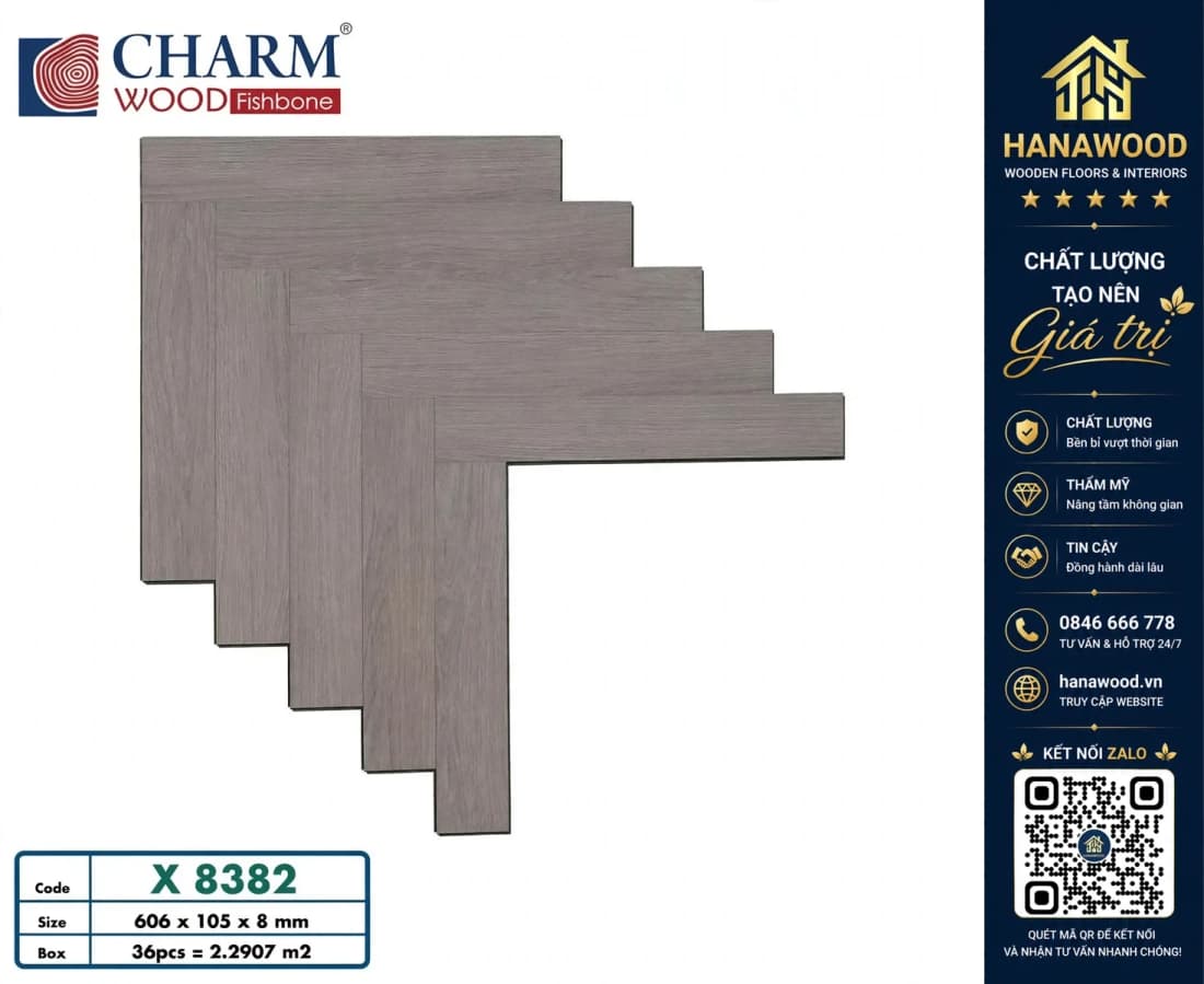 Sàn Gỗ Charmwood Xương Cá Cốt Xanh X8382 Dày 8mm