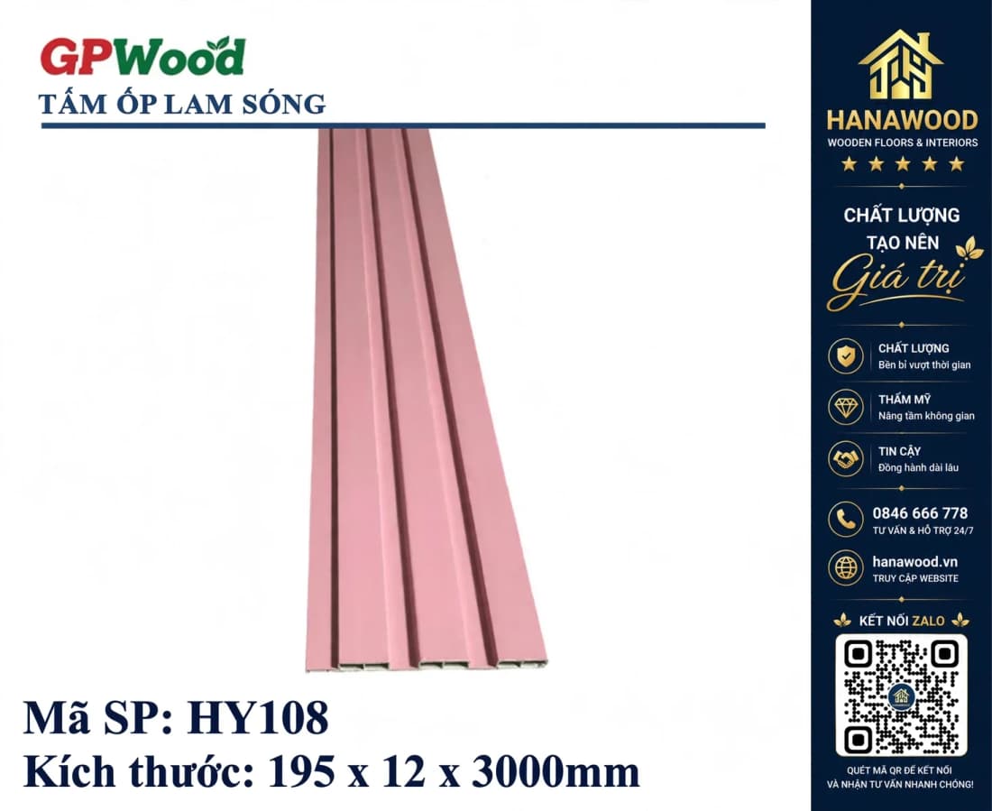 Tấm Nhựa Ốp Tường Lam 3 Sóng GPWood HY108 Màu Hồng