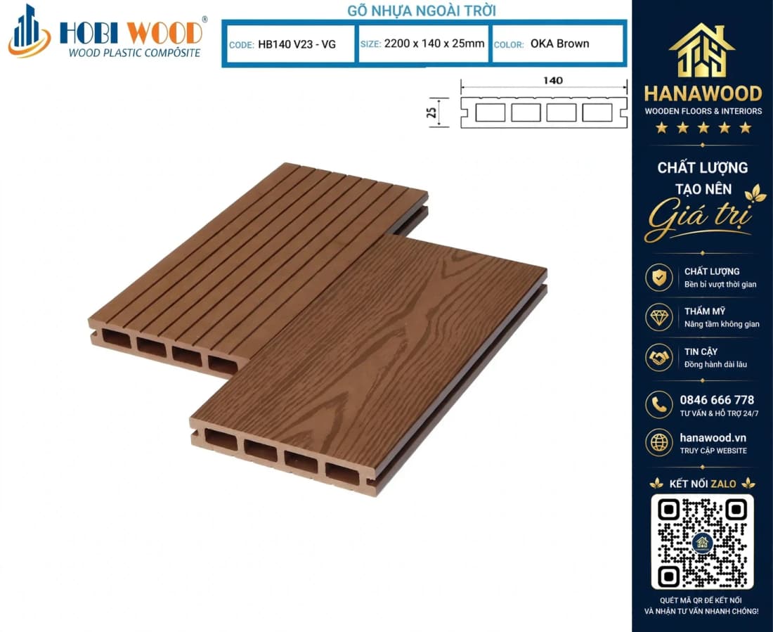 Sàn Gỗ Nhựa Ngoài Trời Hobi Wood Lỗ Vuông HB 140 V25-VG Oka Brown