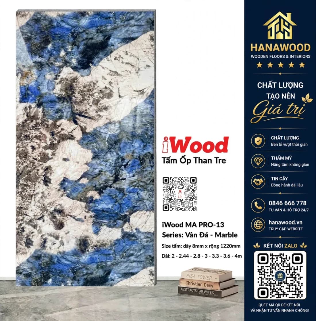 Hình ảnh Tấm Ốp Than Tre iWood 8mm MA PRO-13 Vân Đá Xanh Dương Đen