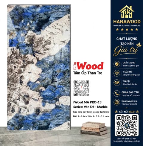 Hình ảnh Tấm Ốp Than Tre iWood 8mm MA PRO-13 Vân Đá Xanh Dương Đen